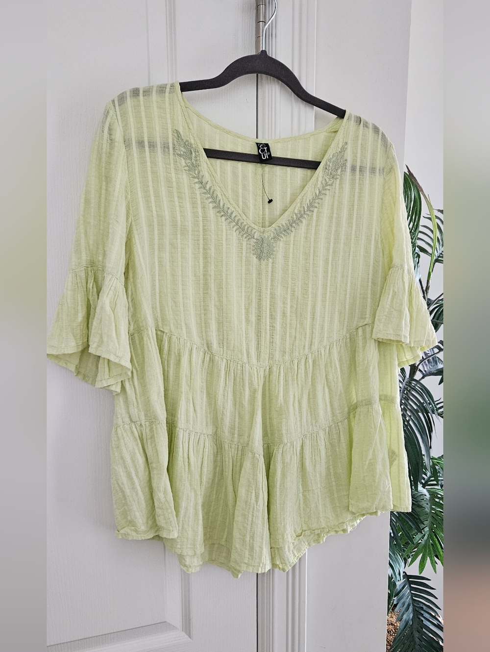 Light Green V-Neck Tiered Ruffle Tunic
